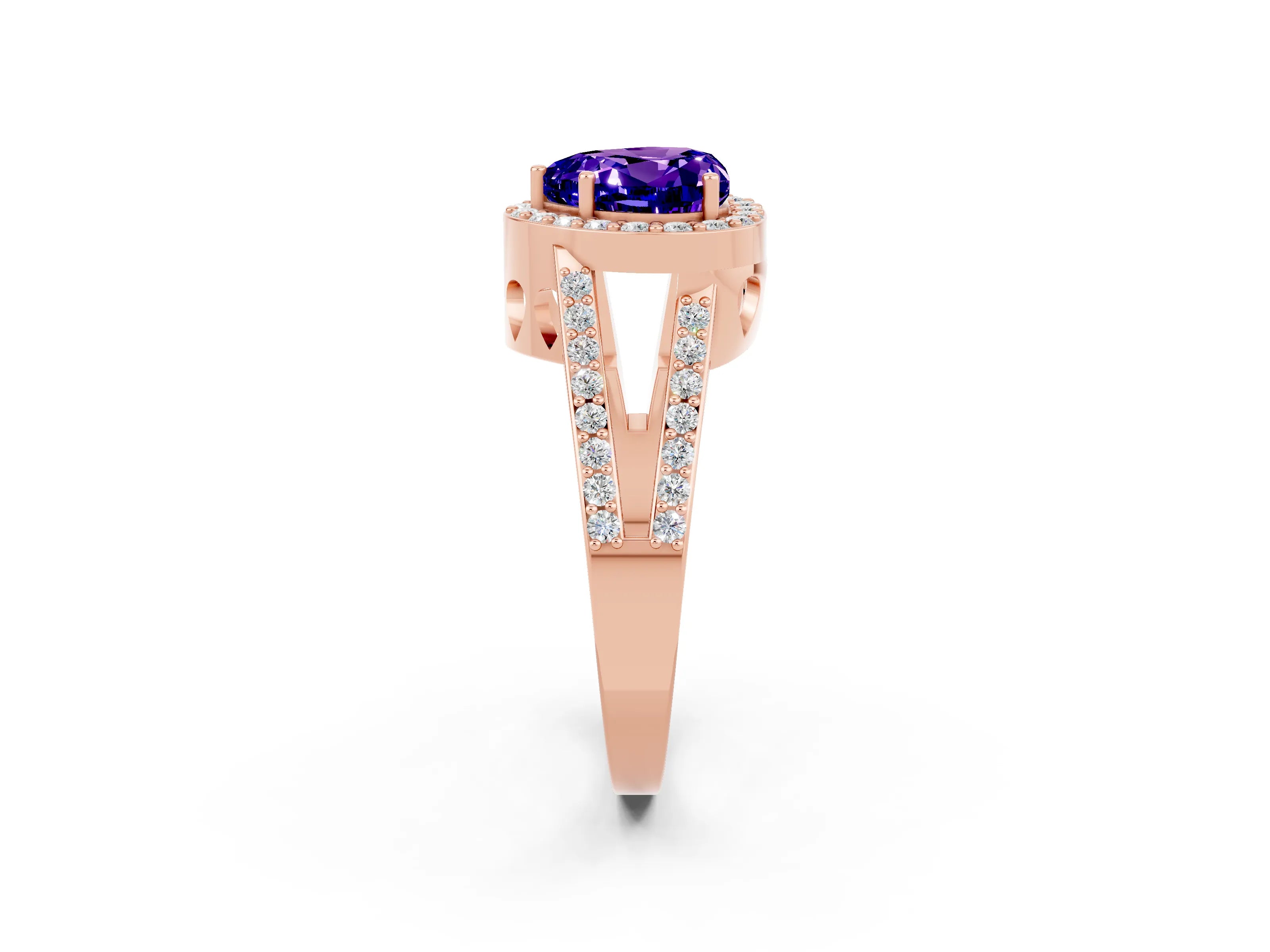 Rose gold Heart Cut Tanzanite Halo Ring with Split Shank U-Prong Band and Four-Prong Setting_2