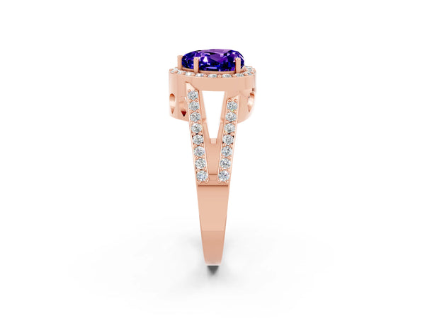 Rose gold Heart Cut Tanzanite Halo Ring with Split Shank U-Prong Band and Four-Prong Setting