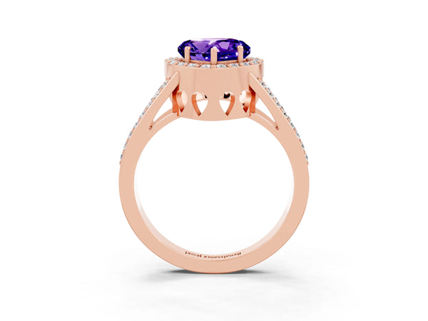 Rose gold Heart Cut Tanzanite Halo Ring with Split Shank U-Prong Band and Four-Prong Setting