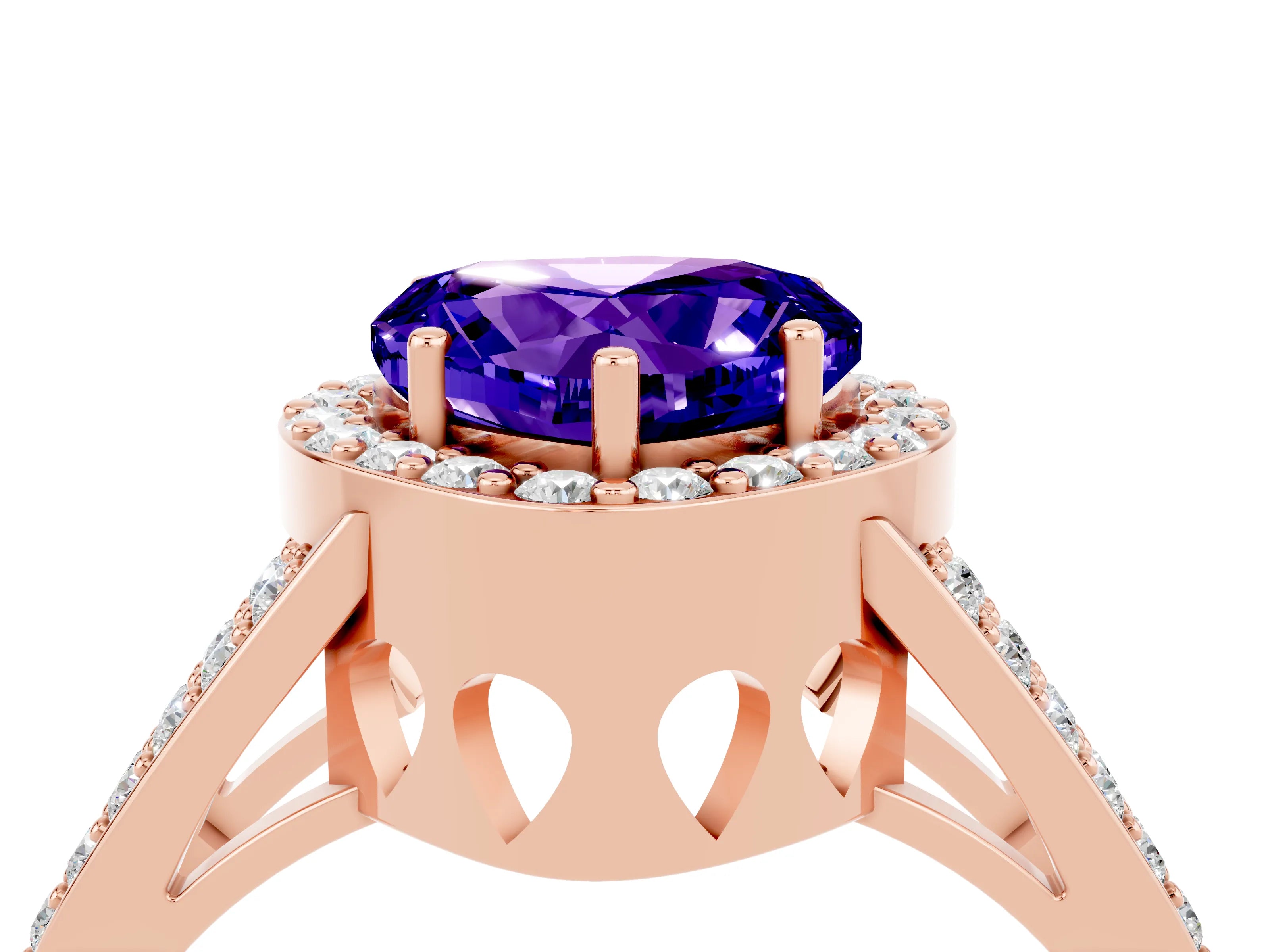 Rose gold Heart Cut Tanzanite Halo Ring with Split Shank U-Prong Band and Four-Prong Setting_4