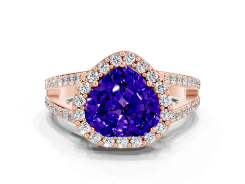 Rose gold Heart Cut Tanzanite Halo Ring with Split Shank U-Prong Band and Four-Prong Setting