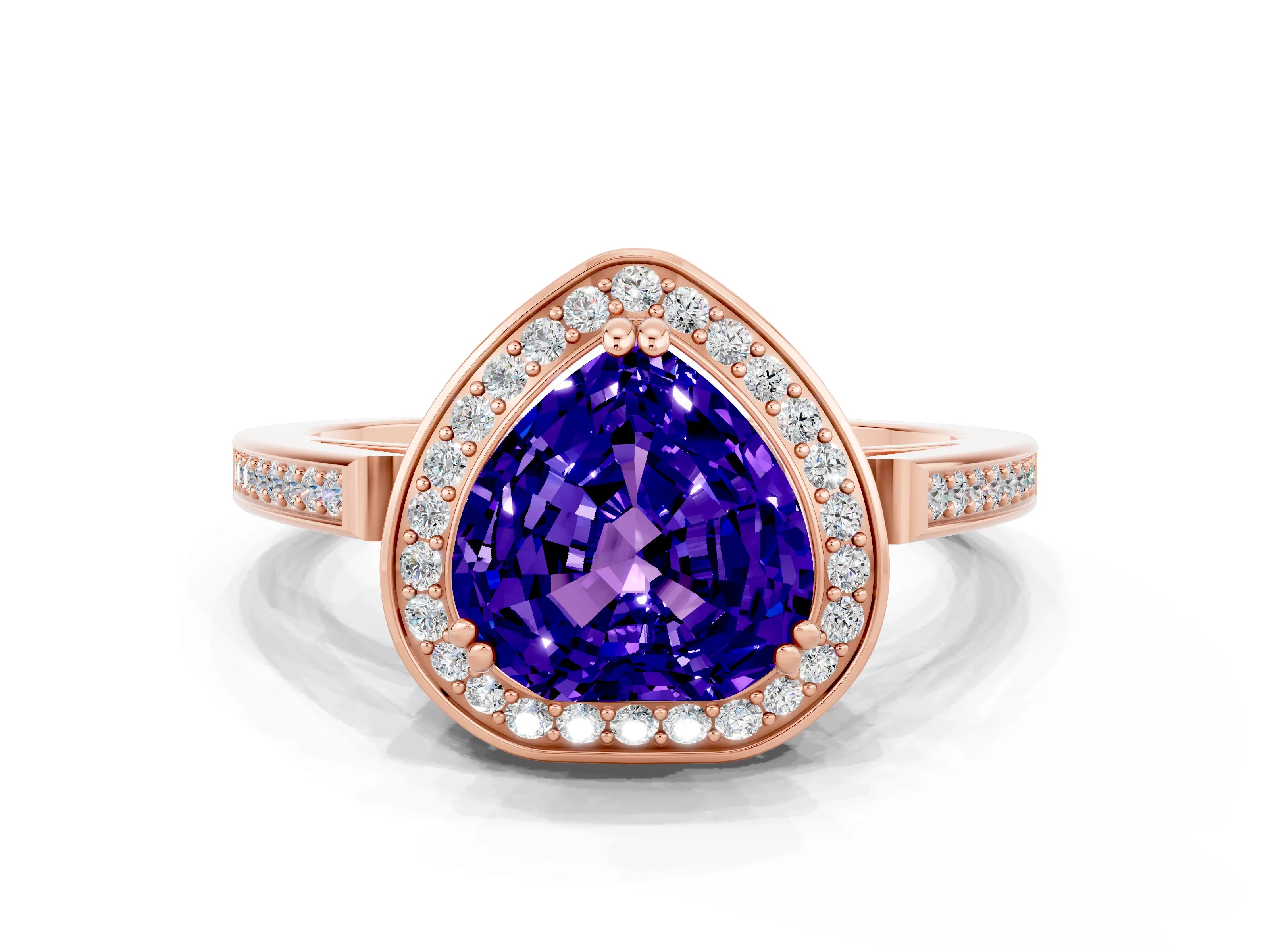 Rose gold Heart Cut Tanzanite Halo Ring with Split Shank and Four-Prong Setting