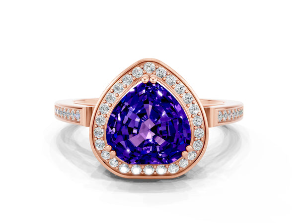 Rose gold Heart Cut Tanzanite Halo Ring with Split Shank and Four-Prong Setting
