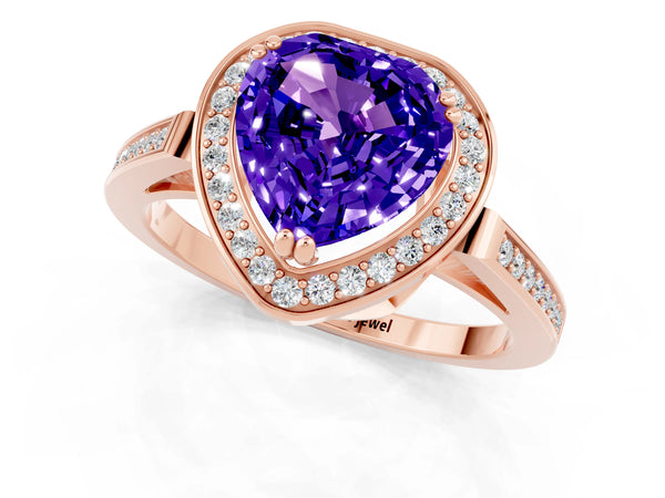 Rose gold Heart Cut Tanzanite Halo Ring with Split Shank and Four-Prong Setting