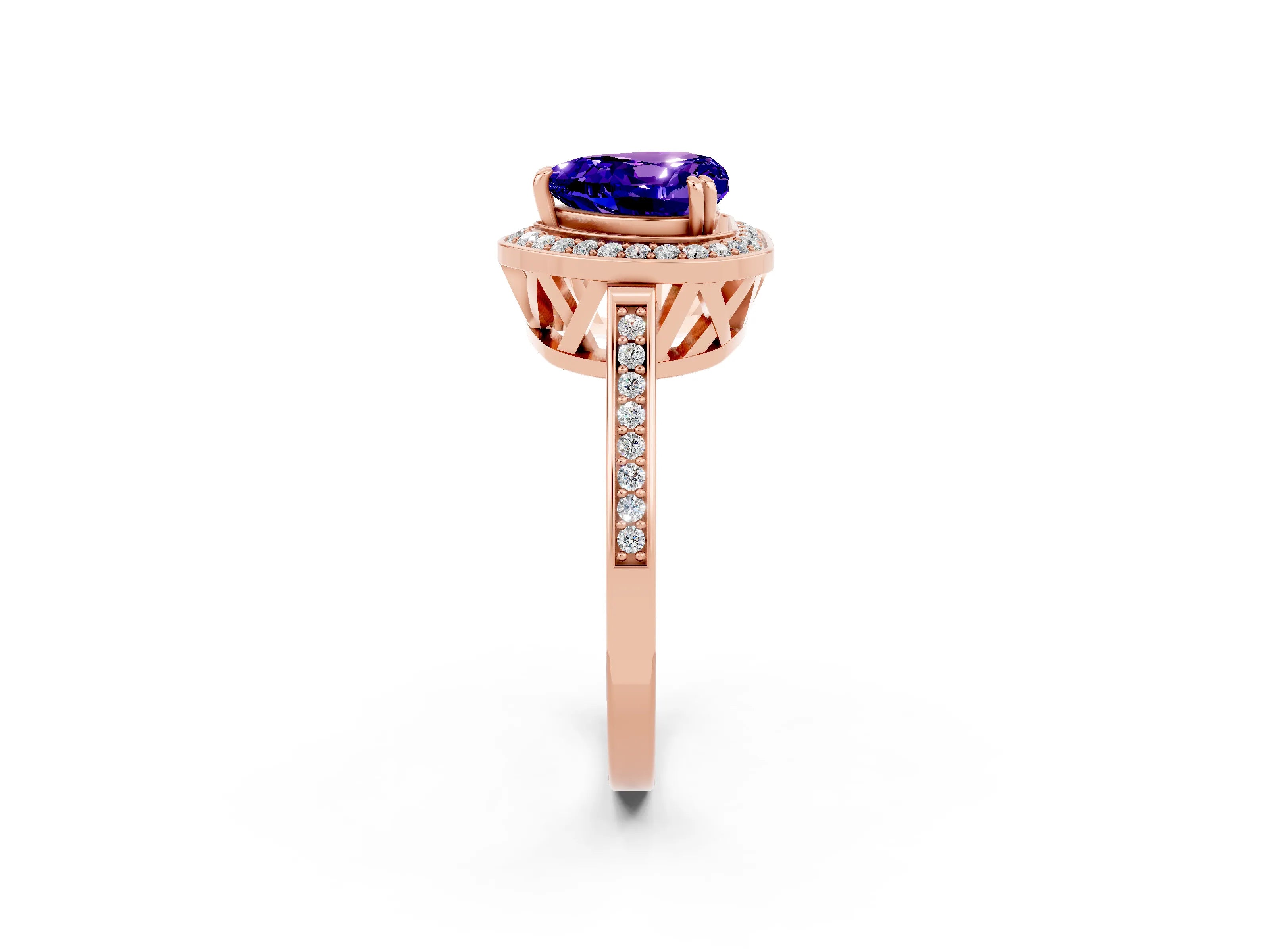 Rose gold Heart Cut Tanzanite Halo Ring with Split Shank and Four-Prong Setting_2