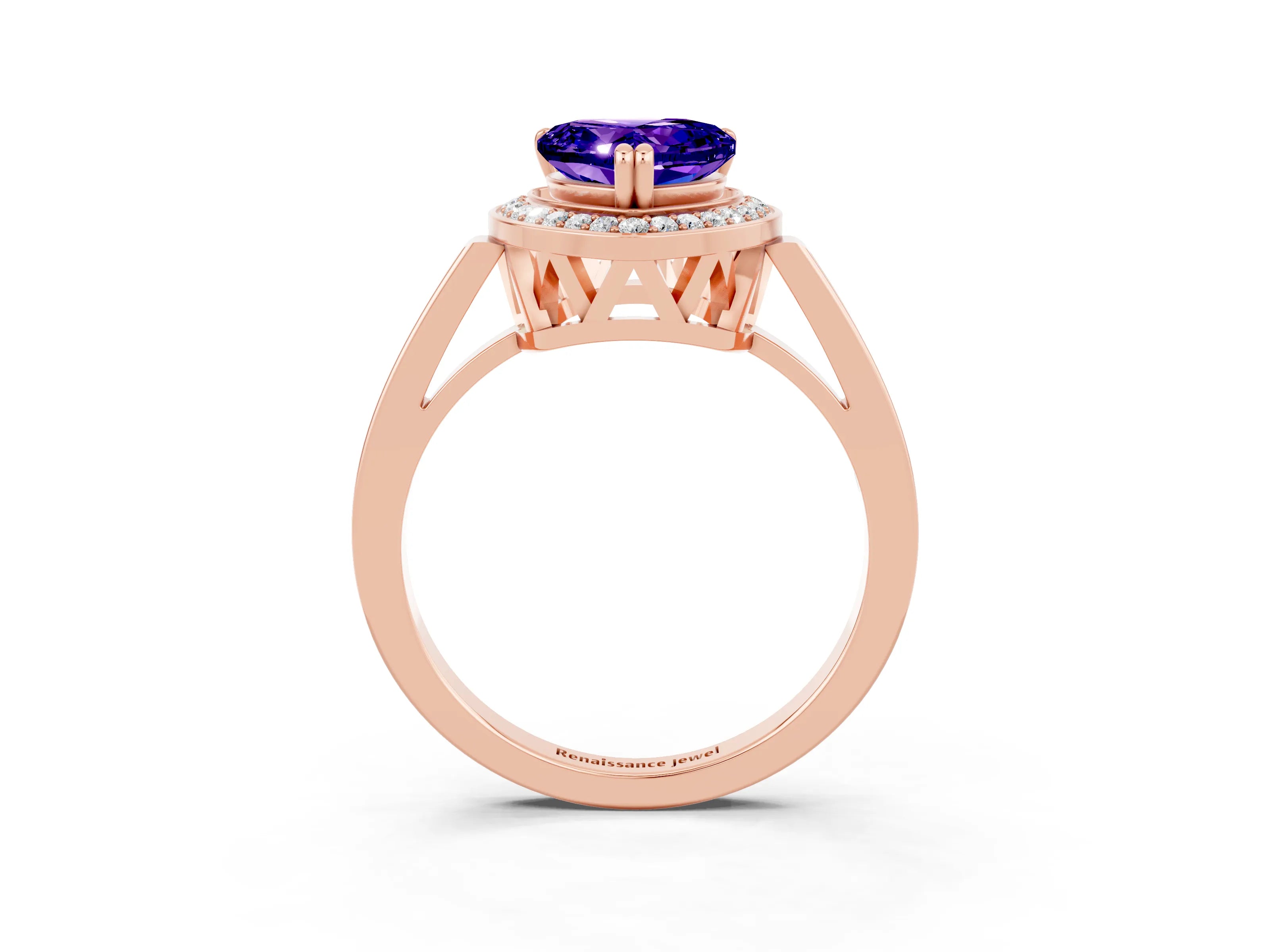 Rose gold Heart Cut Tanzanite Halo Ring with Split Shank and Four-Prong Setting_3