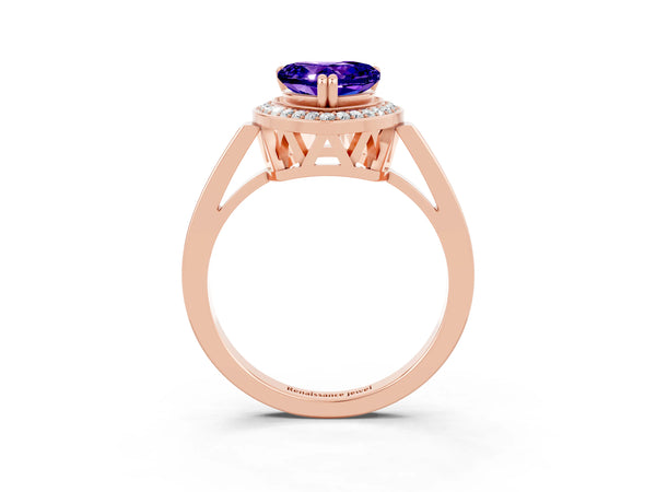 Rose gold Heart Cut Tanzanite Halo Ring with Split Shank and Four-Prong Setting