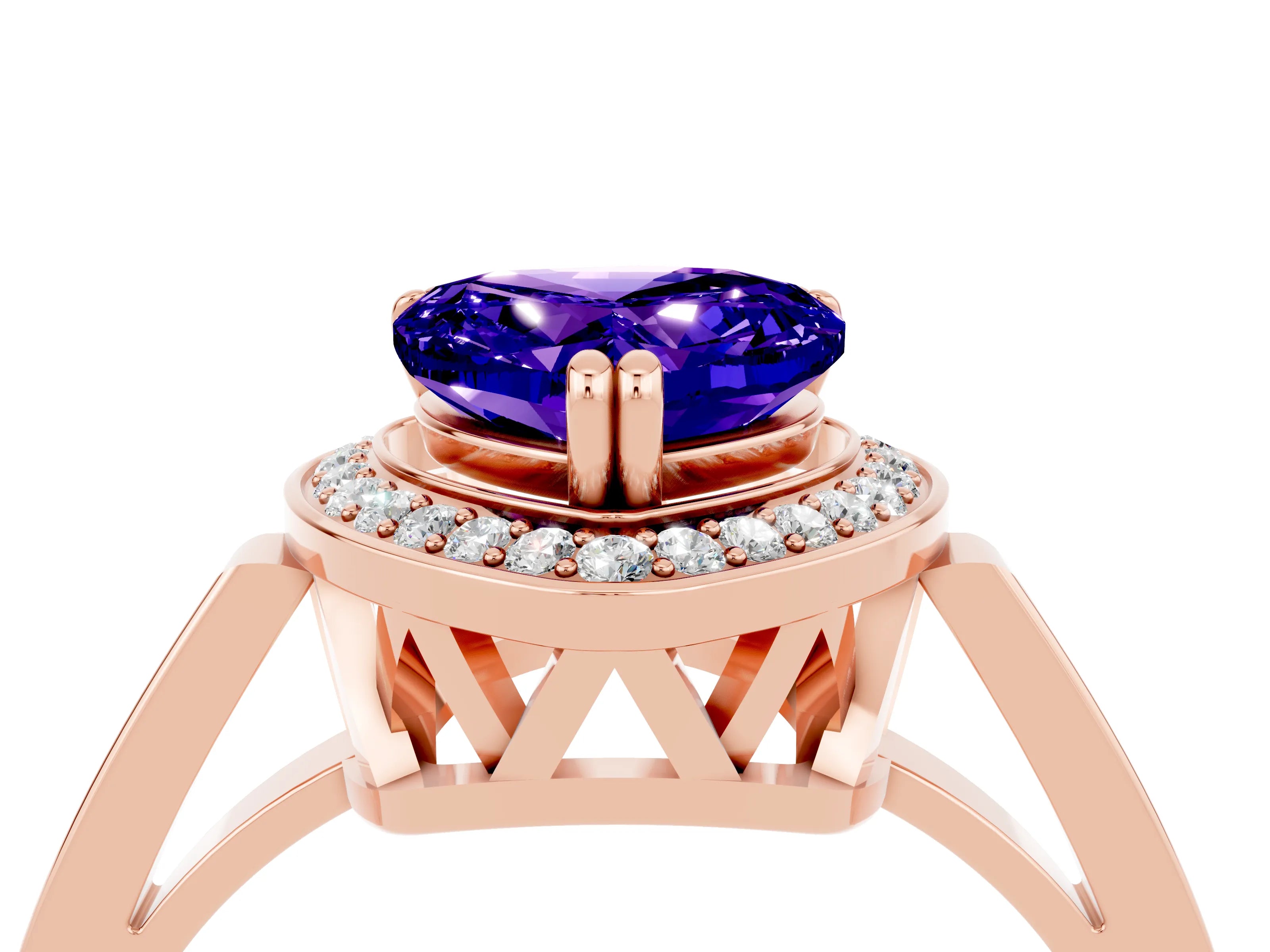 Rose gold Heart Cut Tanzanite Halo Ring with Split Shank and Four-Prong Setting_4