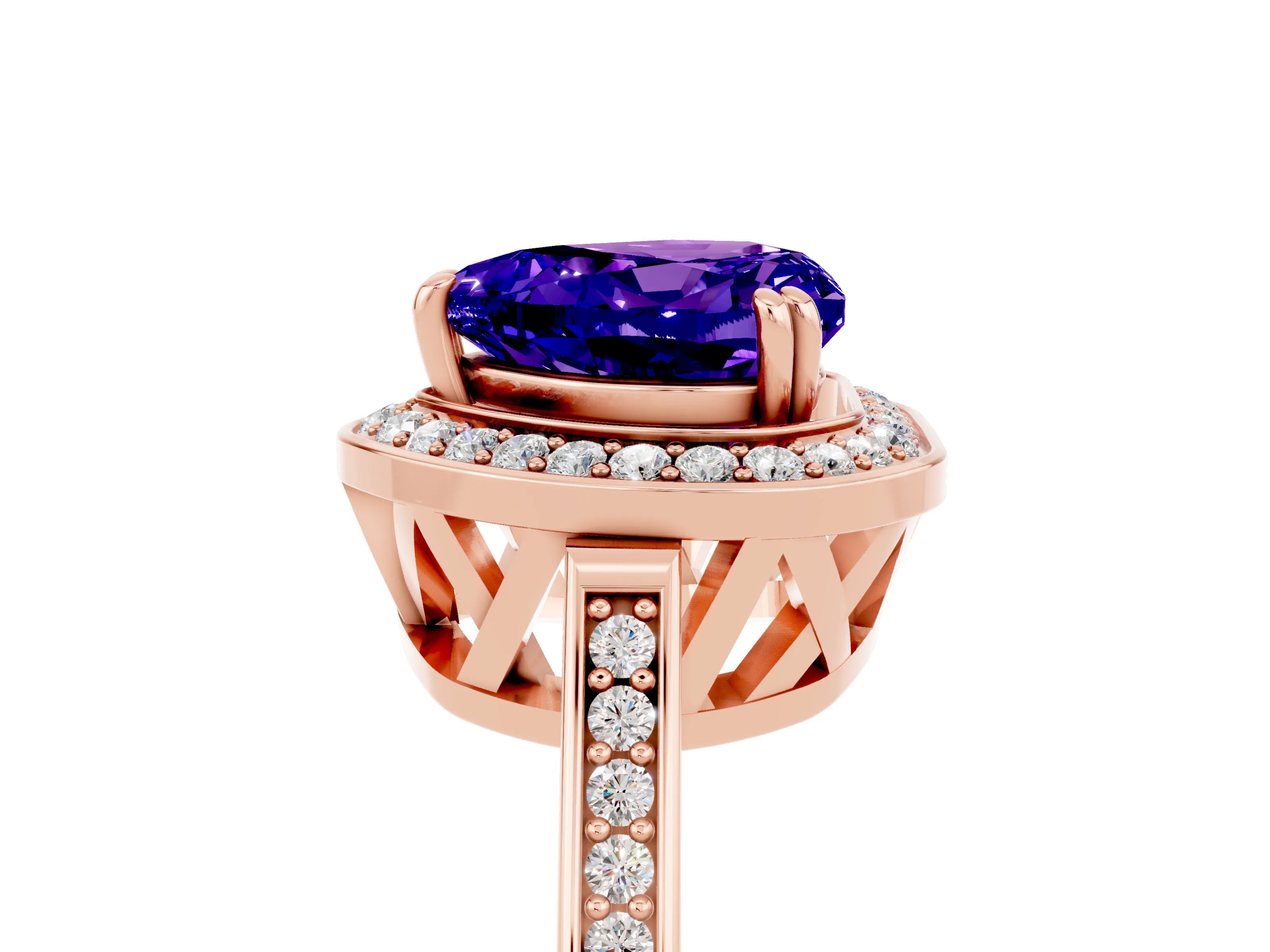 Rose gold Heart Cut Tanzanite Halo Ring with Split Shank and Four-Prong Setting_5