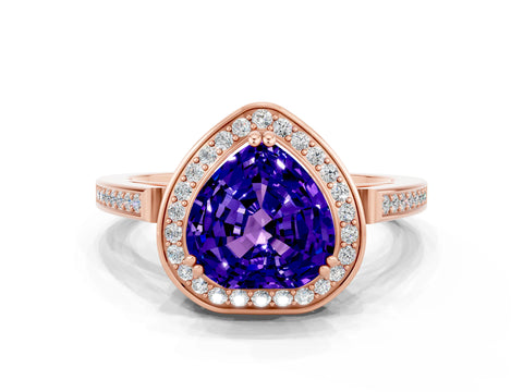 Rose gold Heart Cut Tanzanite Halo Ring with Split Shank and Four-Prong Setting