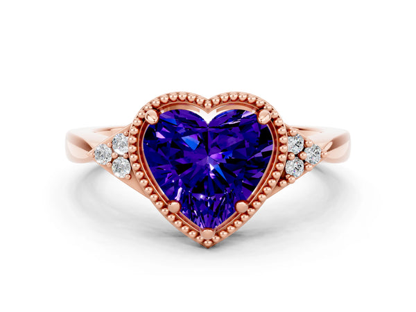 Rose gold Heart Cut Tanzanite Halo Ring with Tapered Band and Four-Prong Setting