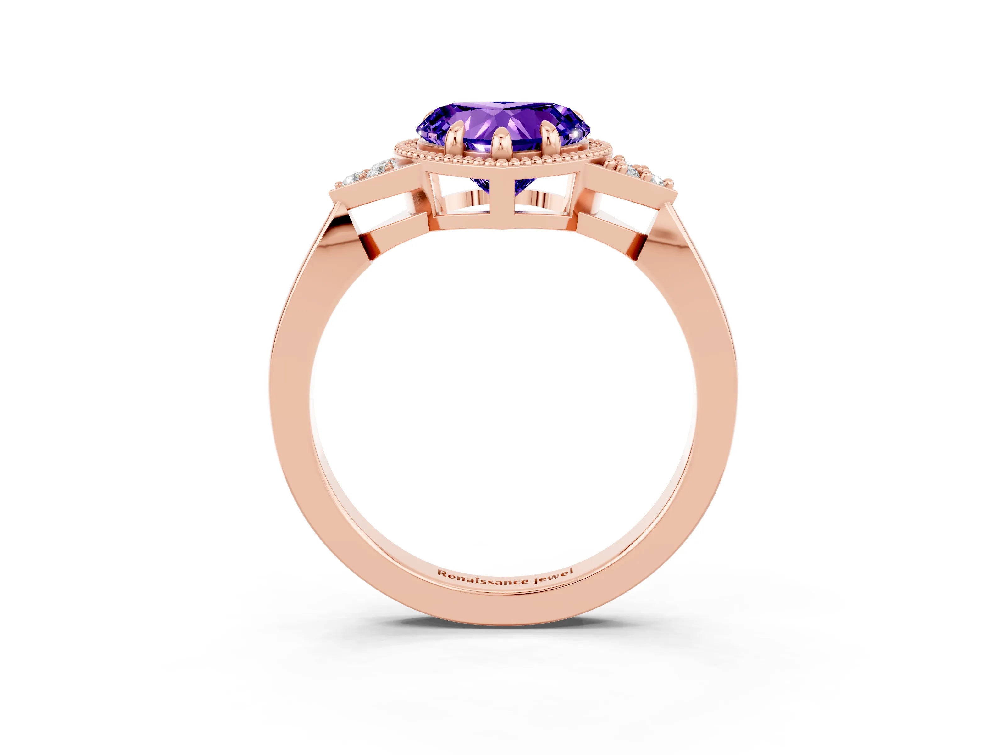 Rose gold Heart Cut Tanzanite Halo Ring with Tapered Band and Four-Prong Setting_3