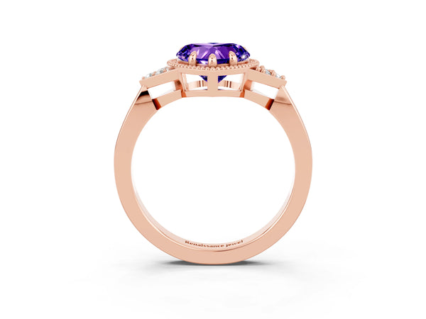 Rose gold Heart Cut Tanzanite Halo Ring with Tapered Band and Four-Prong Setting