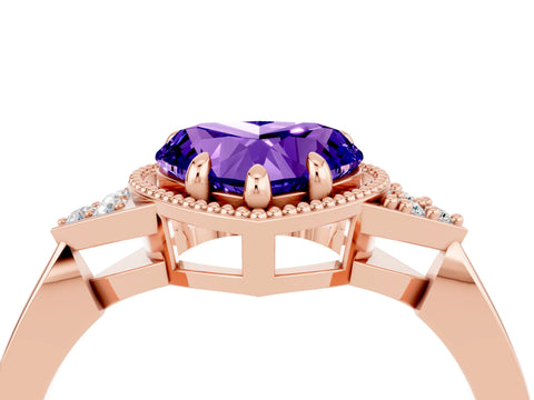 Rose gold Heart Cut Tanzanite Halo Ring with Tapered Band and Four-Prong Setting_4