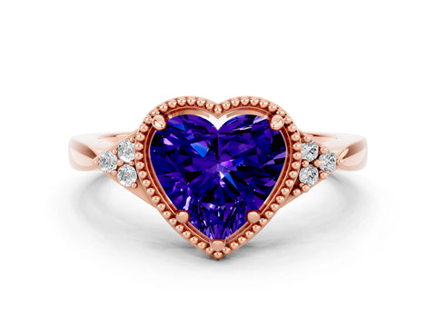 Rose gold Heart Cut Tanzanite Halo Ring with Tapered Band and Four-Prong Setting