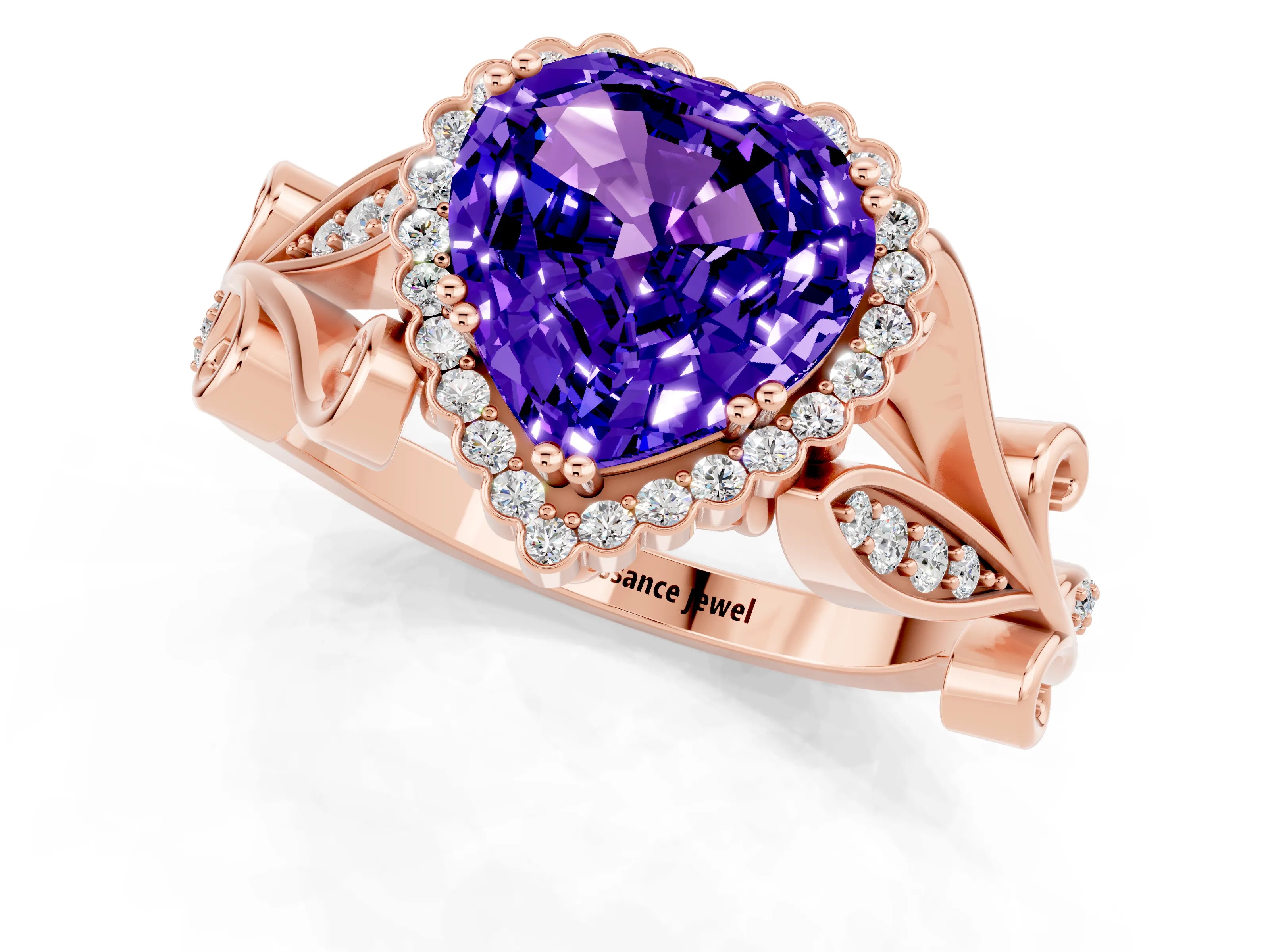 Rose gold Heart Cut Tanzanite Halo Ring with Vintage Split Shank and Four-Prong Setting_1