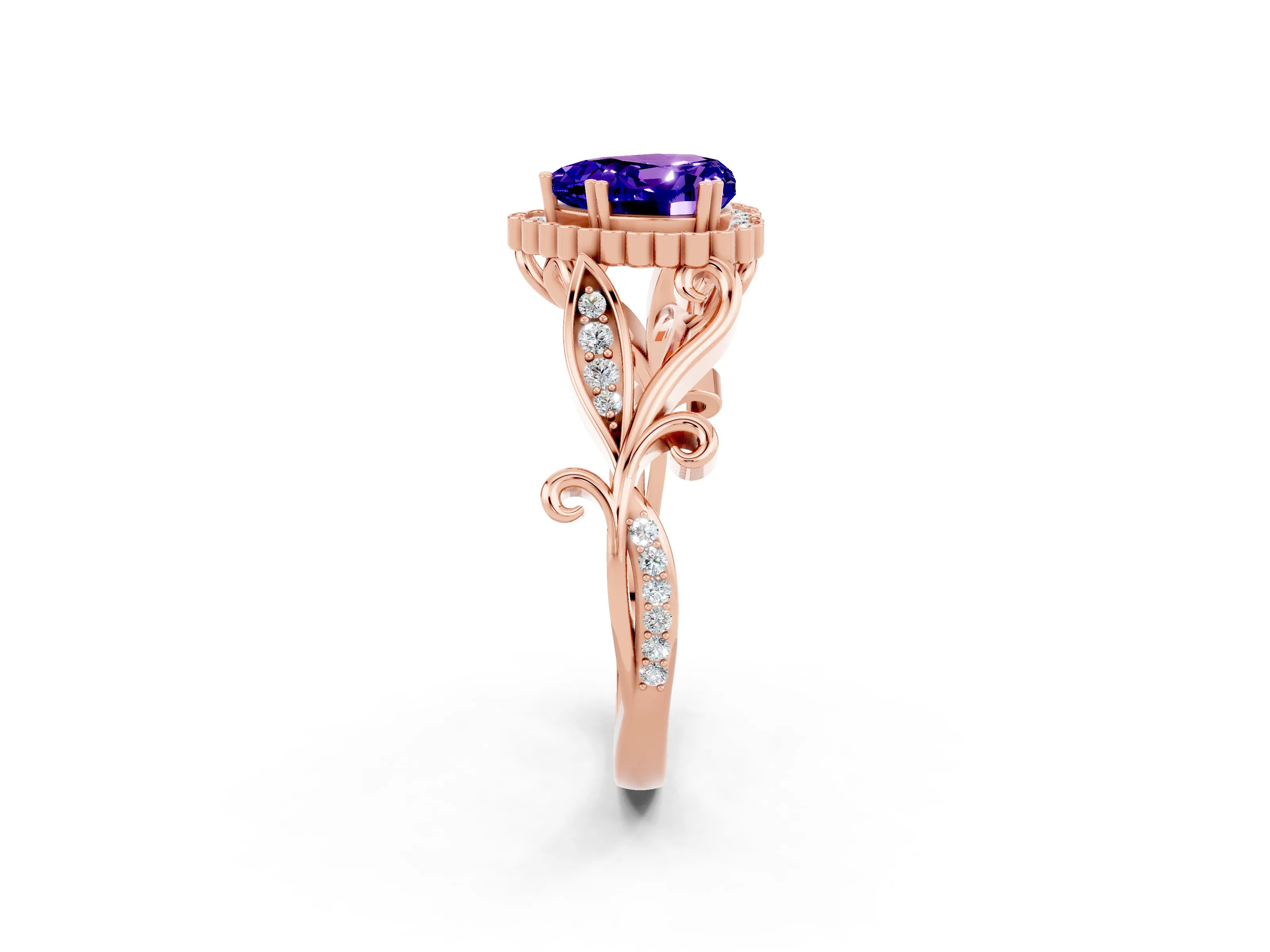 Rose gold Heart Cut Tanzanite Halo Ring with Vintage Split Shank and Four-Prong Setting_2