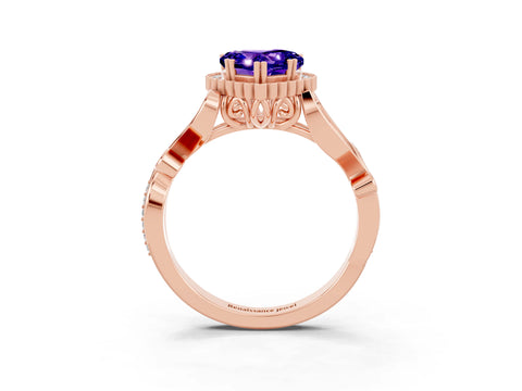 Rose gold Heart Cut Tanzanite Halo Ring with Vintage Split Shank and Four-Prong Setting_3
