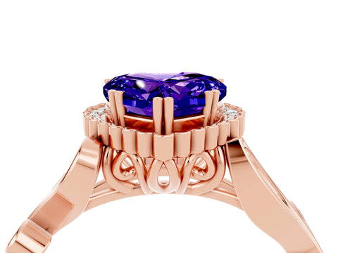 Rose gold Heart Cut Tanzanite Halo Ring with Vintage Split Shank and Four-Prong Setting_4