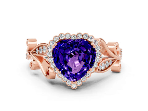 Rose gold Heart Cut Tanzanite Halo Ring with Vintage Split Shank and Four-Prong Setting