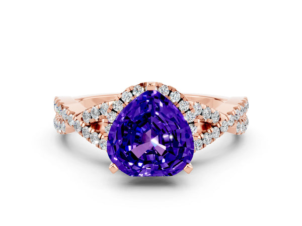 Rose gold Heart Cut Tanzanite  Halo Twist Band Solitaire Prong Setting Ring