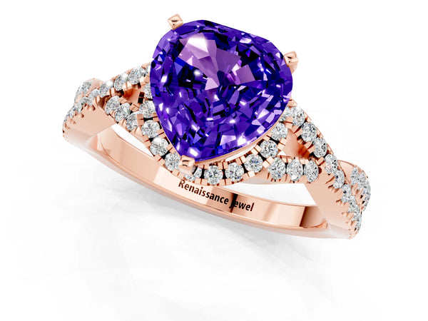 Rose gold Heart Cut Tanzanite  Halo Twist Band Solitaire Prong Setting Ring