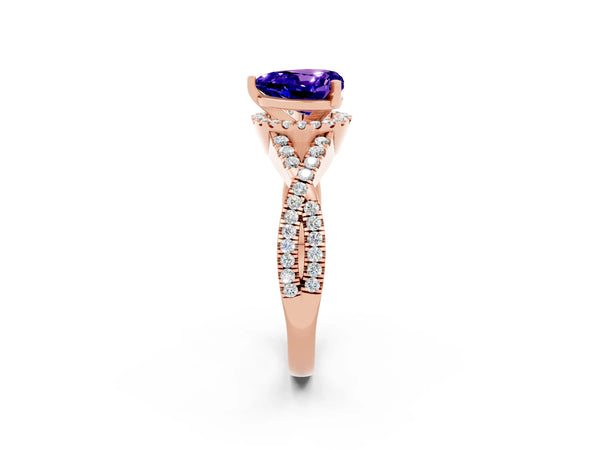 Rose gold Heart Cut Tanzanite  Halo Twist Band Solitaire Prong Setting Ring