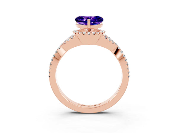 Rose gold Heart Cut Tanzanite  Halo Twist Band Solitaire Prong Setting Ring