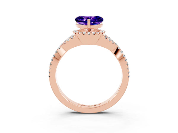 Rose gold Heart Cut Tanzanite  Halo Twist Band Solitaire Prong Setting Ring