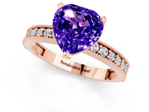 Rose gold Heart Cut Tanzanite Milgrain Pavé Engagement Ring with Four-Prong Setting