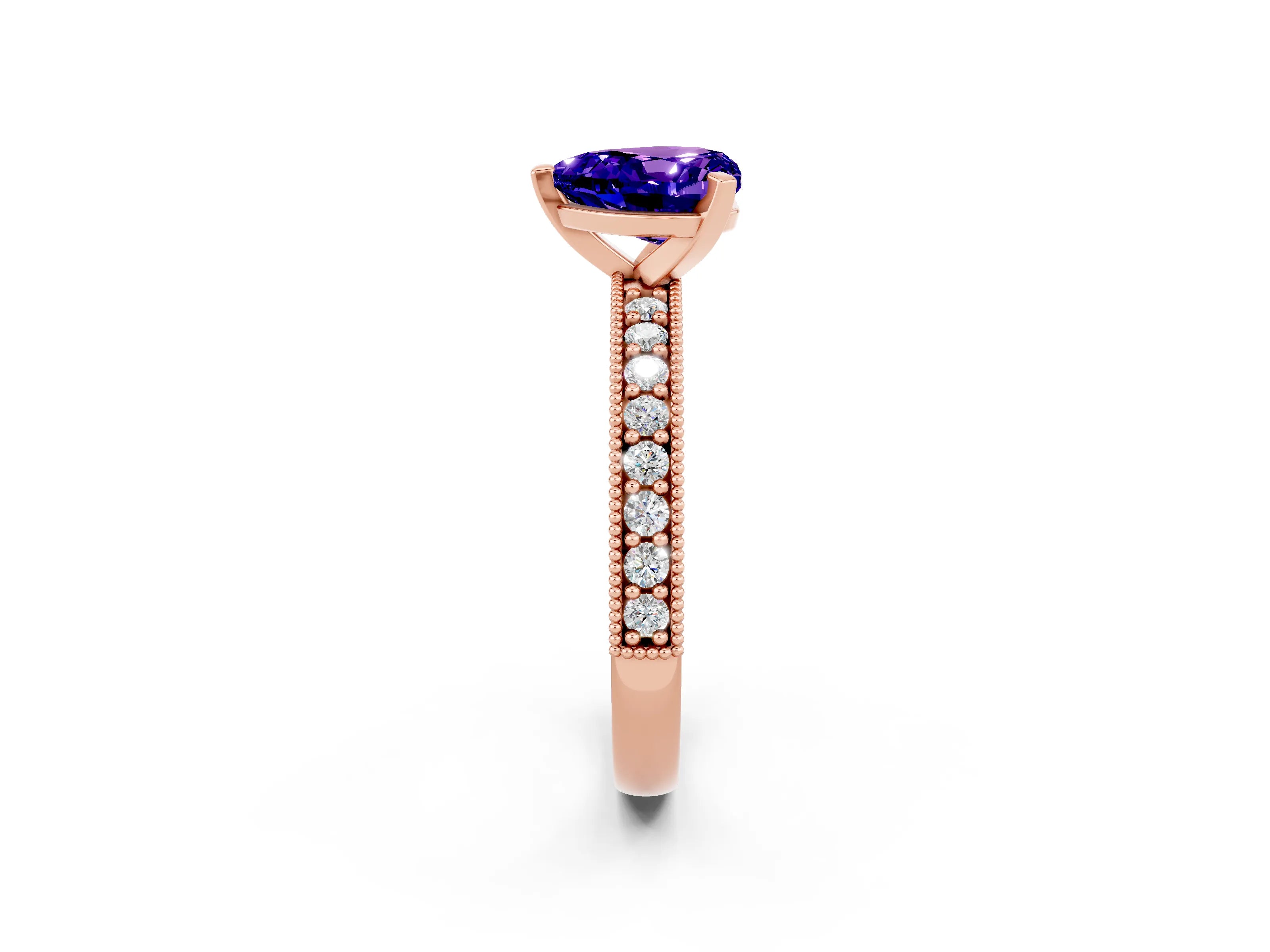 Rose gold Heart Cut Tanzanite Milgrain Pavé Engagement Ring with Four-Prong Setting_14