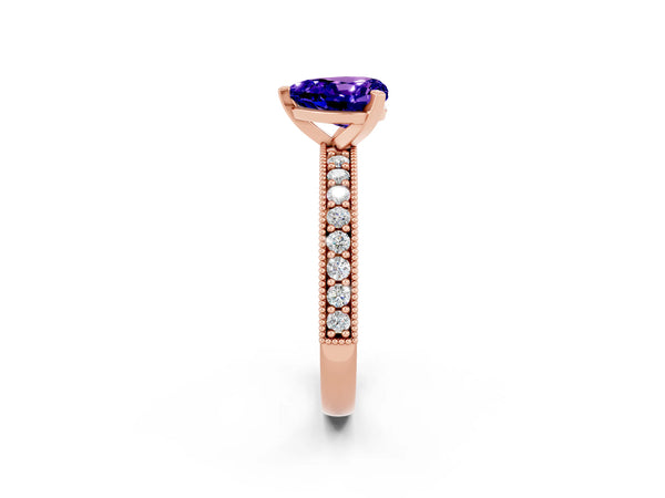 Rose gold Heart Cut Tanzanite Milgrain Pavé Engagement Ring with Four-Prong Setting