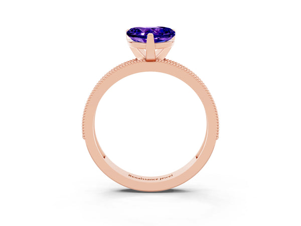 Rose gold Heart Cut Tanzanite Milgrain Pavé Engagement Ring with Four-Prong Setting
