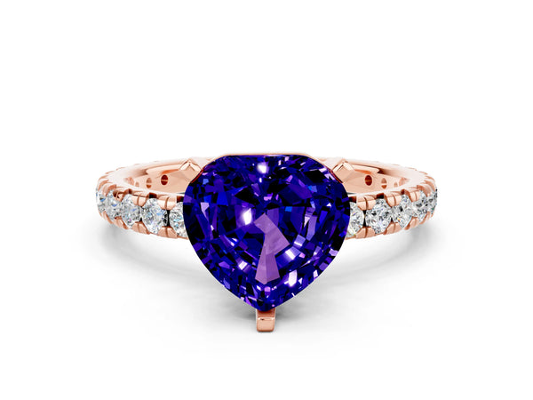 Rose gold Heart Cut Tanzanite Pavé Solitaire Ring with Round Band and Prong Setting