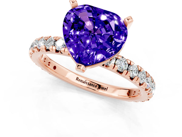 Rose gold Heart Cut Tanzanite Pavé Solitaire Ring with Round Band and Prong Setting