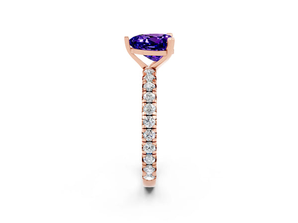 Rose gold Heart Cut Tanzanite Pavé Solitaire Ring with Round Band and Prong Setting
