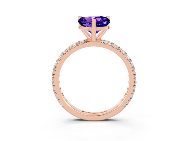 Rose gold Heart Cut Tanzanite Pavé Solitaire Ring with Round Band and Prong Setting