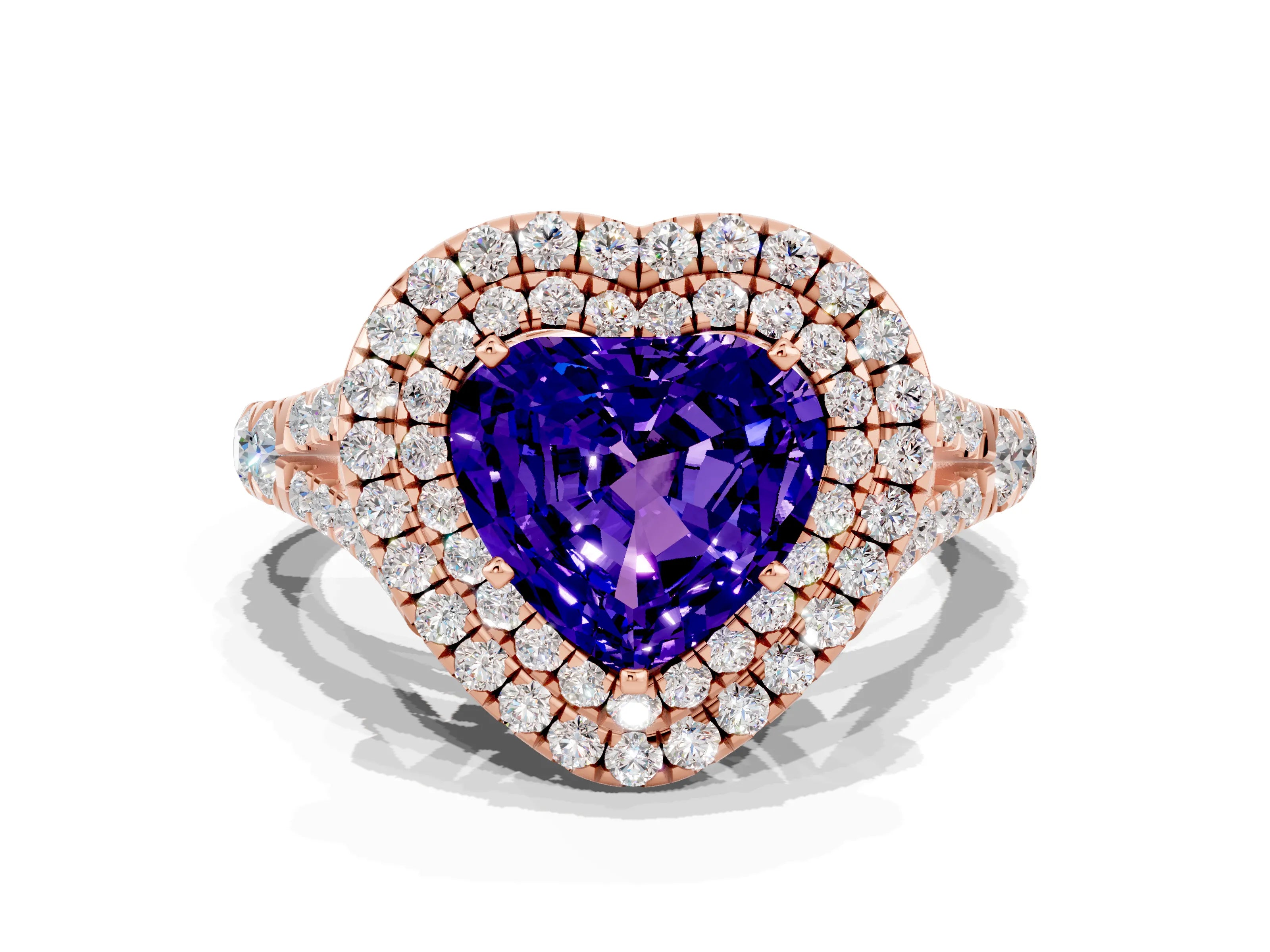Rose gold Heart Cut Tanzanite Pavé Split Shank Double Halo Engagement Ring