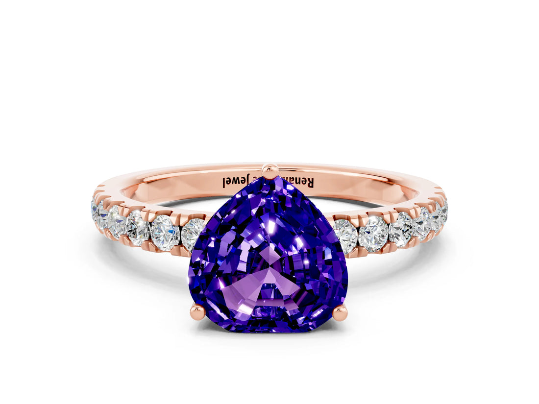 Rose gold Heart Cut Tanzanite Pave Band Solitaire Ring with Four-Prong Setting_24