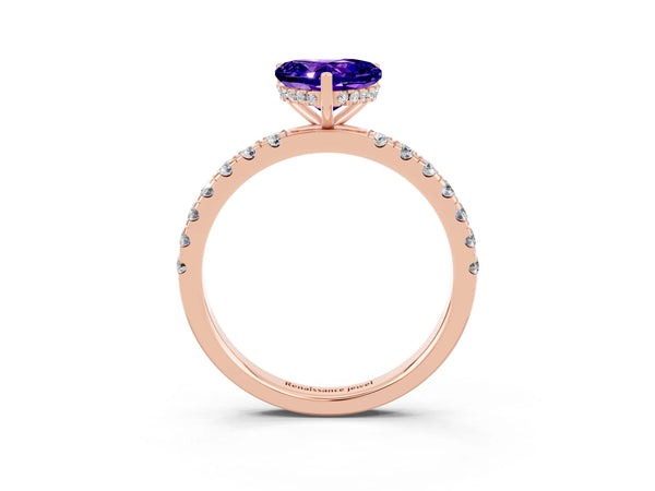 Rose gold Heart Cut Tanzanite Pave Band Solitaire Ring with Round  and Prong Setting