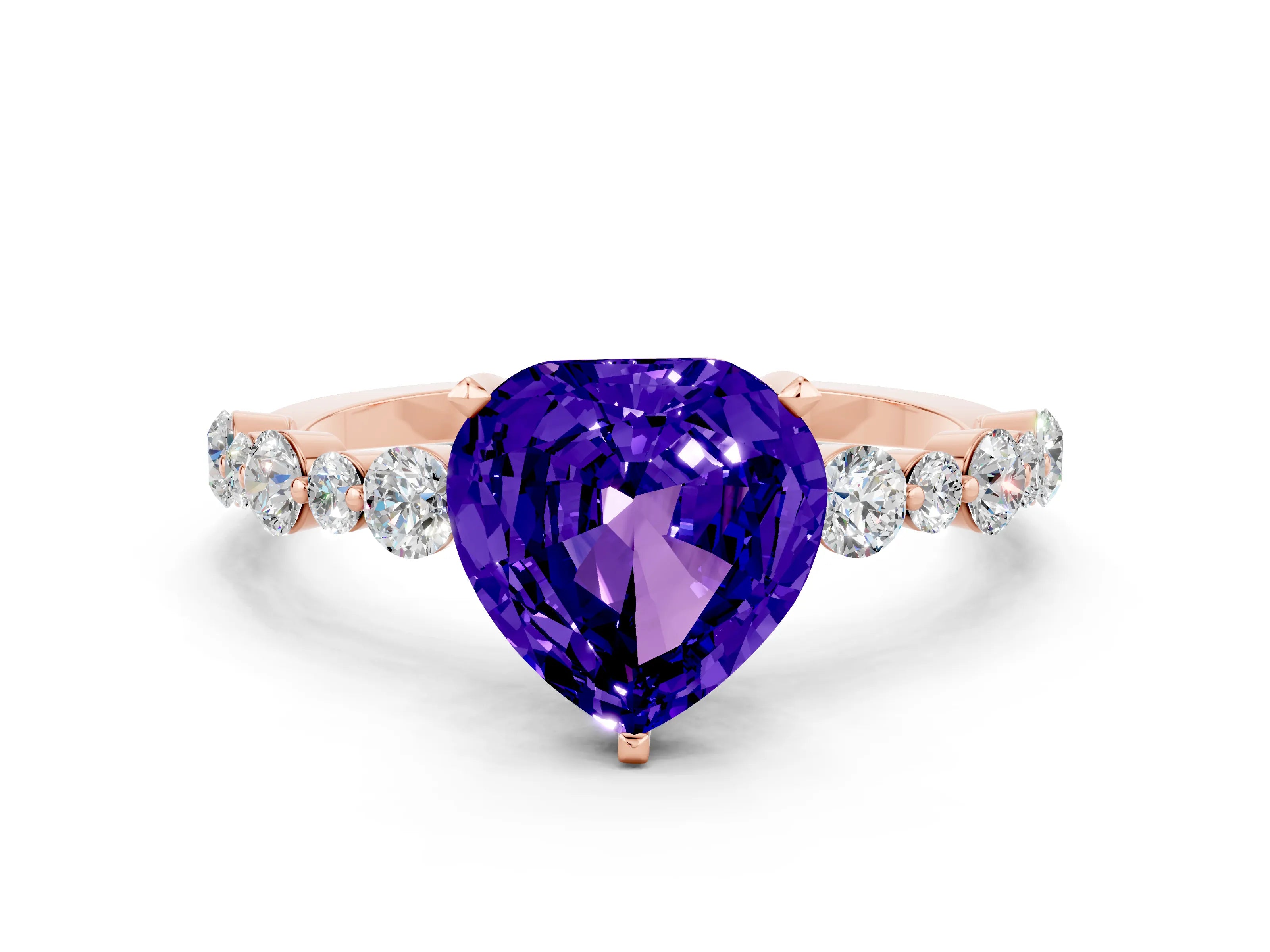Rose gold Heart Cut Tanzanite Prong Set Engagement Ring with Pavé Band