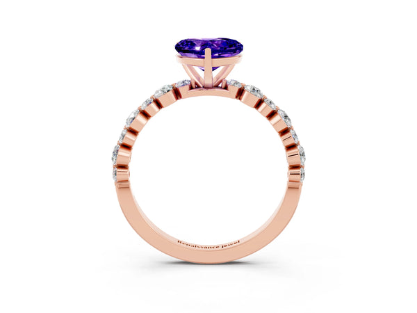 Rose gold Heart Cut Tanzanite Prong Set Engagement Ring with Pavé Band