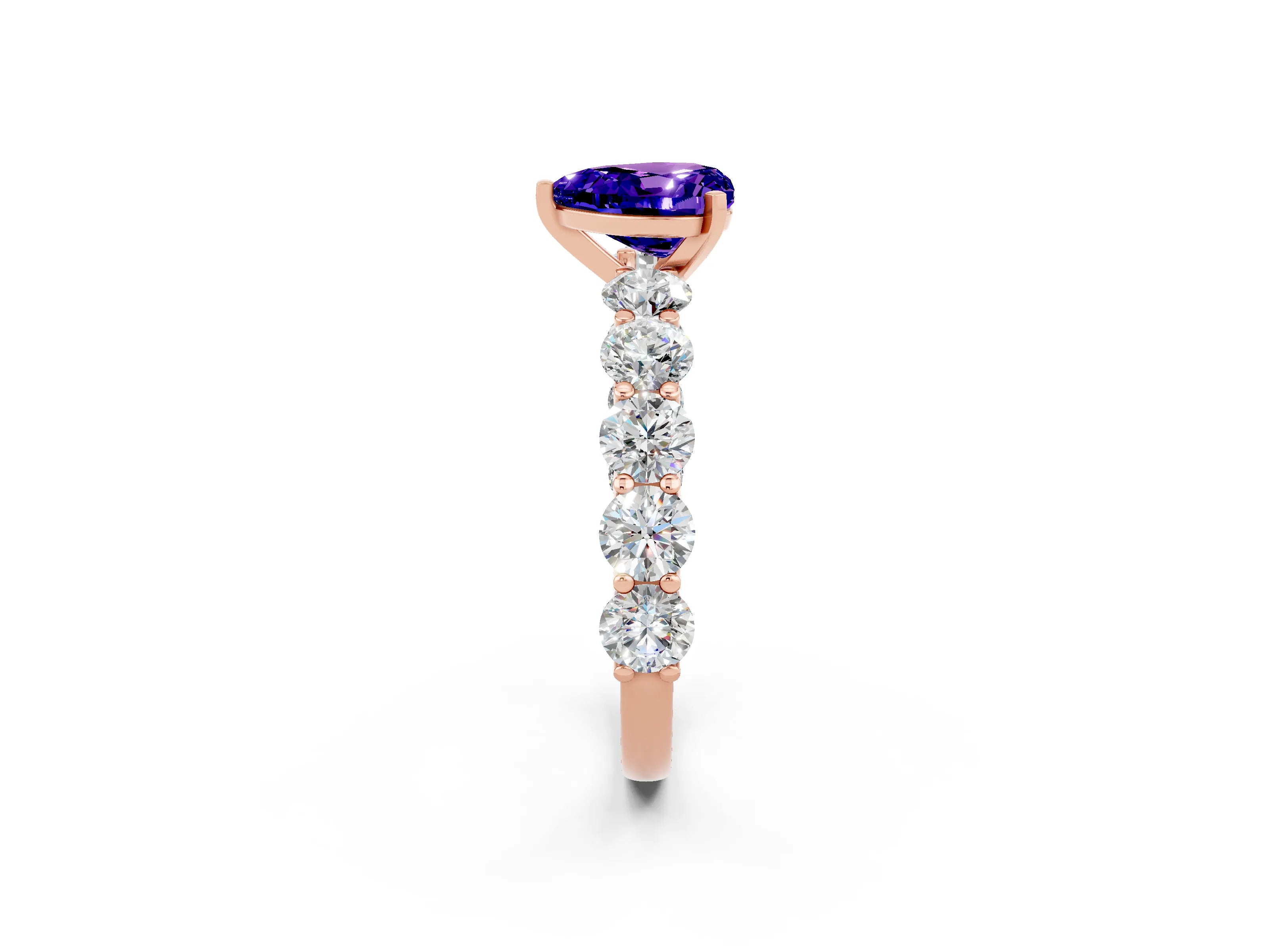 Rose gold Heart Cut Tanzanite Prong Setting with Side Stones on a Pave Band_2