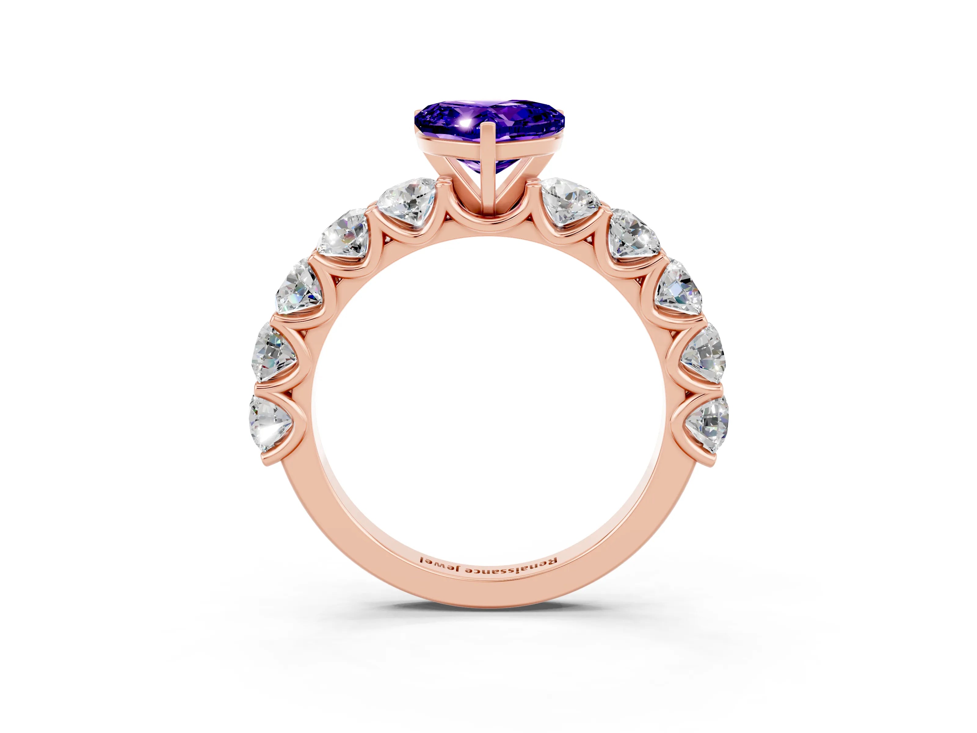 Rose gold Heart Cut Tanzanite Prong Setting with Side Stones on a Pave Band_3