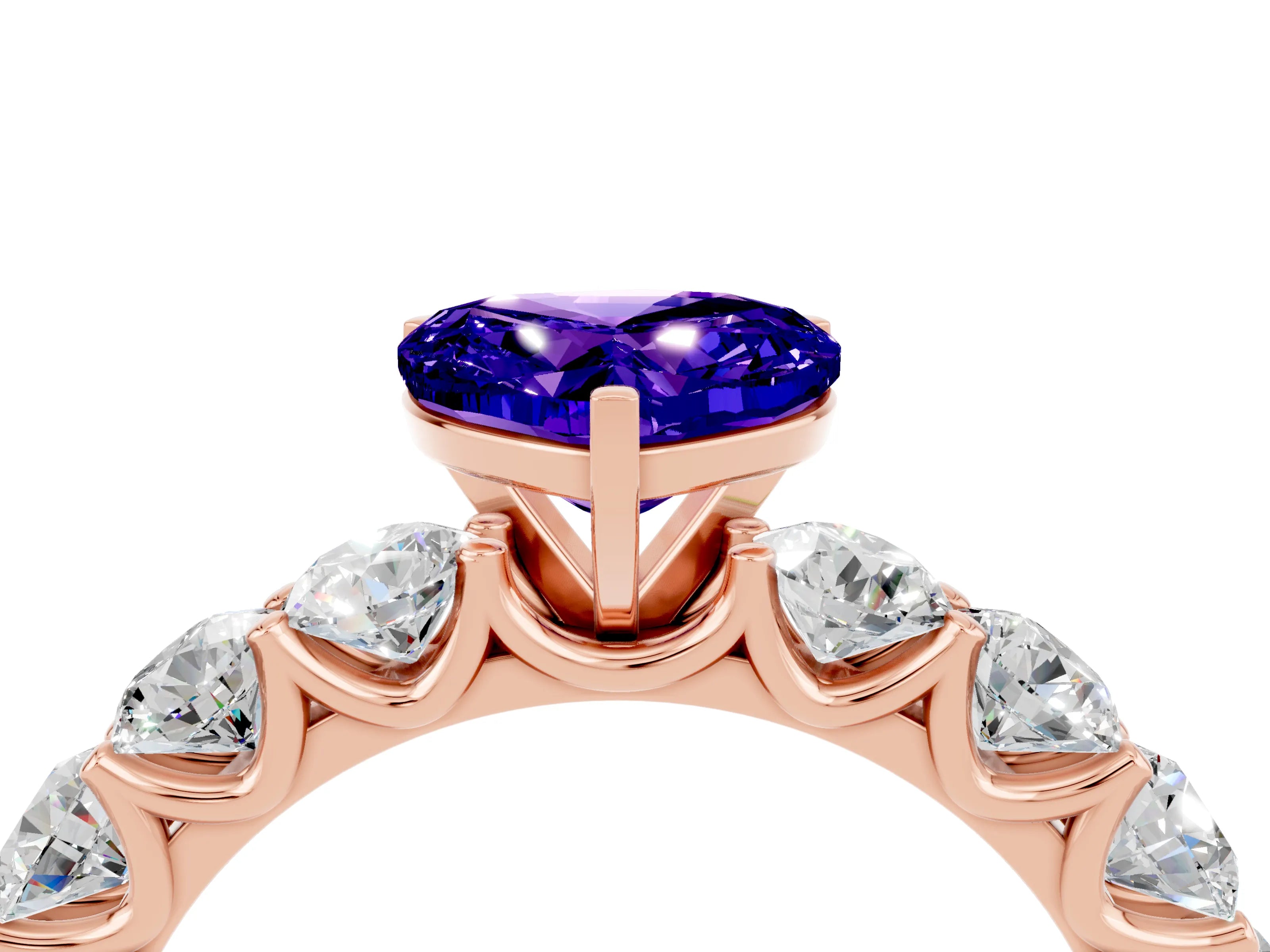Rose gold Heart Cut Tanzanite Prong Setting with Side Stones on a Pave Band_4