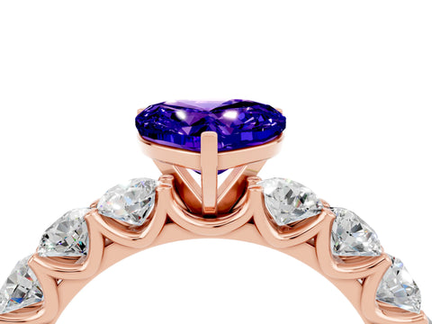 Rose gold Heart Cut Tanzanite Prong Setting with Side Stones on a Pave Band_4