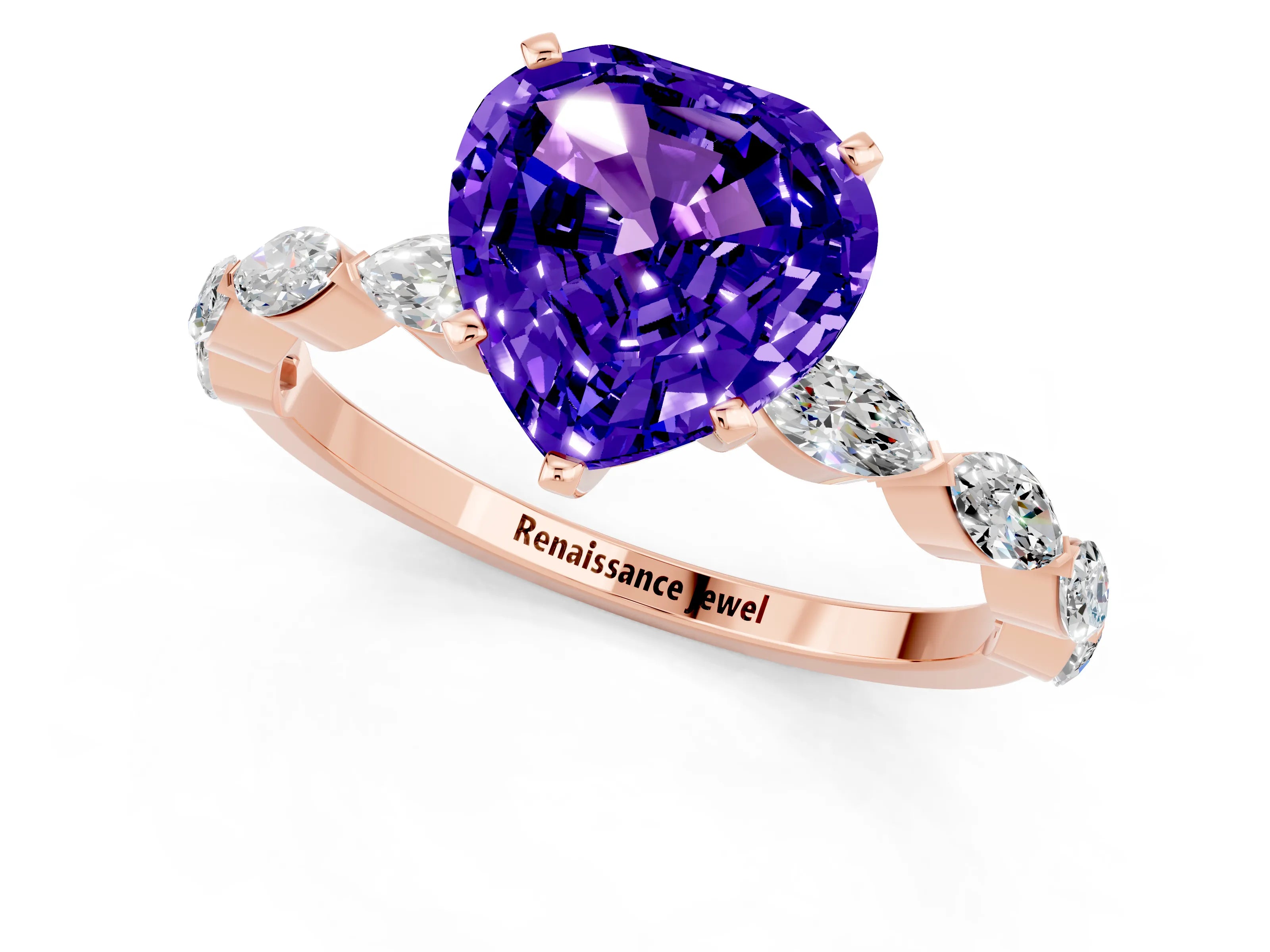 Rose gold Heart Cut Tanzanite Ring with Marquise Side Stones and Prong Setting_1