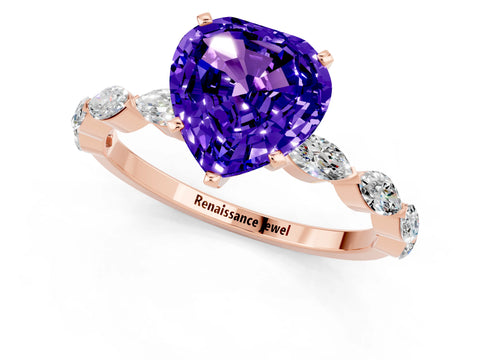 Rose gold Heart Cut Tanzanite Ring with Marquise Side Stones and Prong Setting_1