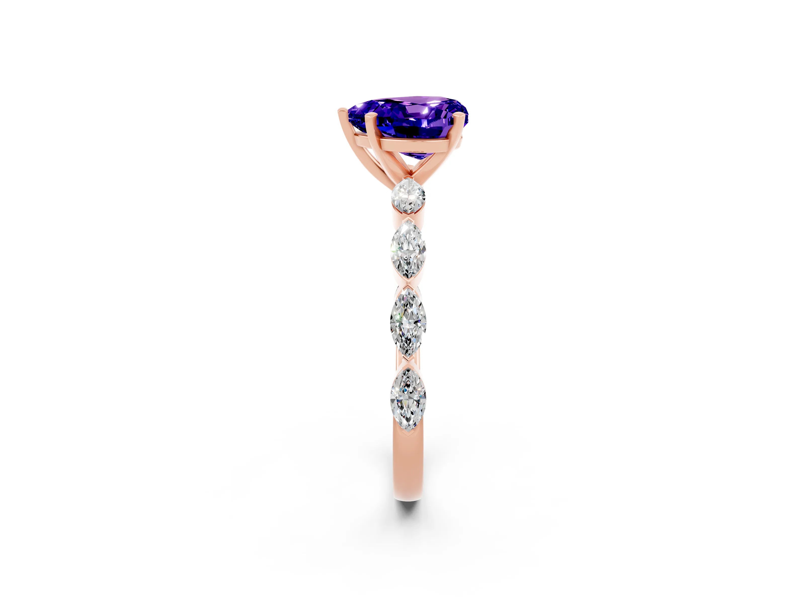 Rose gold Heart Cut Tanzanite Ring with Marquise Side Stones and Prong Setting_2
