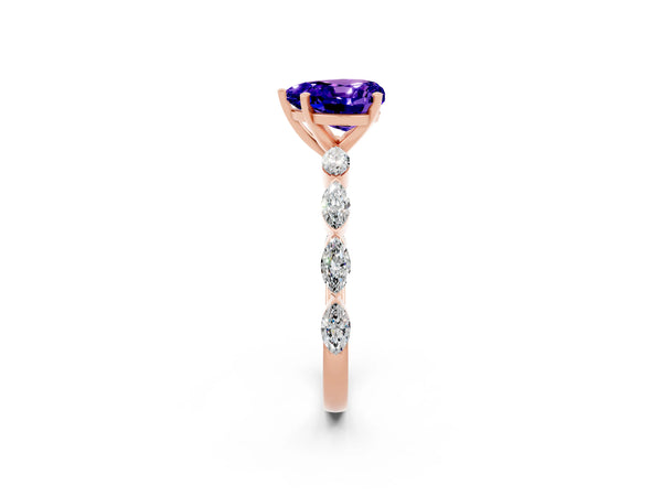 Rose gold Heart Cut Tanzanite Ring with Marquise Side Stones and Prong Setting